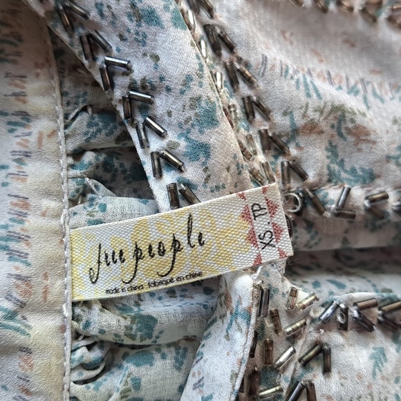 Free People size xs teal and brown print high collar ruffled beaded detail blous - Picture 3 of 7